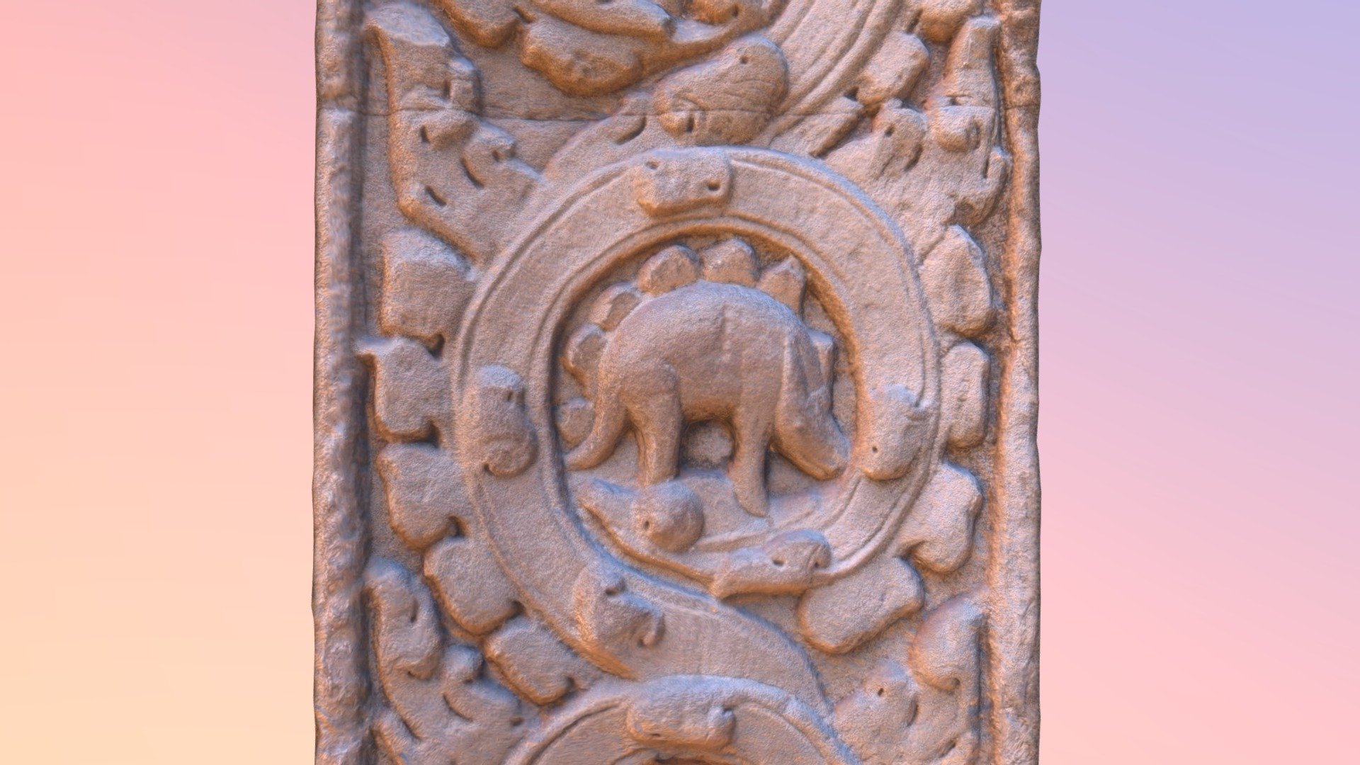 This is a carving found in the Ta Prohm temple in Cambodia that bears a striking resemblance to a Stegosaurus type dinosaur.  Ta Prohm temple was built about the late 12th and early 13th centuries (1186) by King Jayavarman VII.

This naturally brings up the question, &ldquo;How would an artist only a thousand years ago know what a stegosaurus looked like, unless he had seen one alive or was told what it looked like by someone else who had seen one alive?