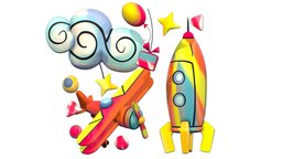 Cartoon 3D illustration Aircraft Rocket Toy flying, image, airborne, toy, balloon, children, aerial, toys, cloud, rig, flight, gift, kettle, propeller, aircraft, picture, star, rocket, childs, corn, illustration, coloring, multicolor, idle, idle-animation, shere, cartoon, 3d, fly, air, plane, animated, rigged, skin, kids-toys, cornplane
