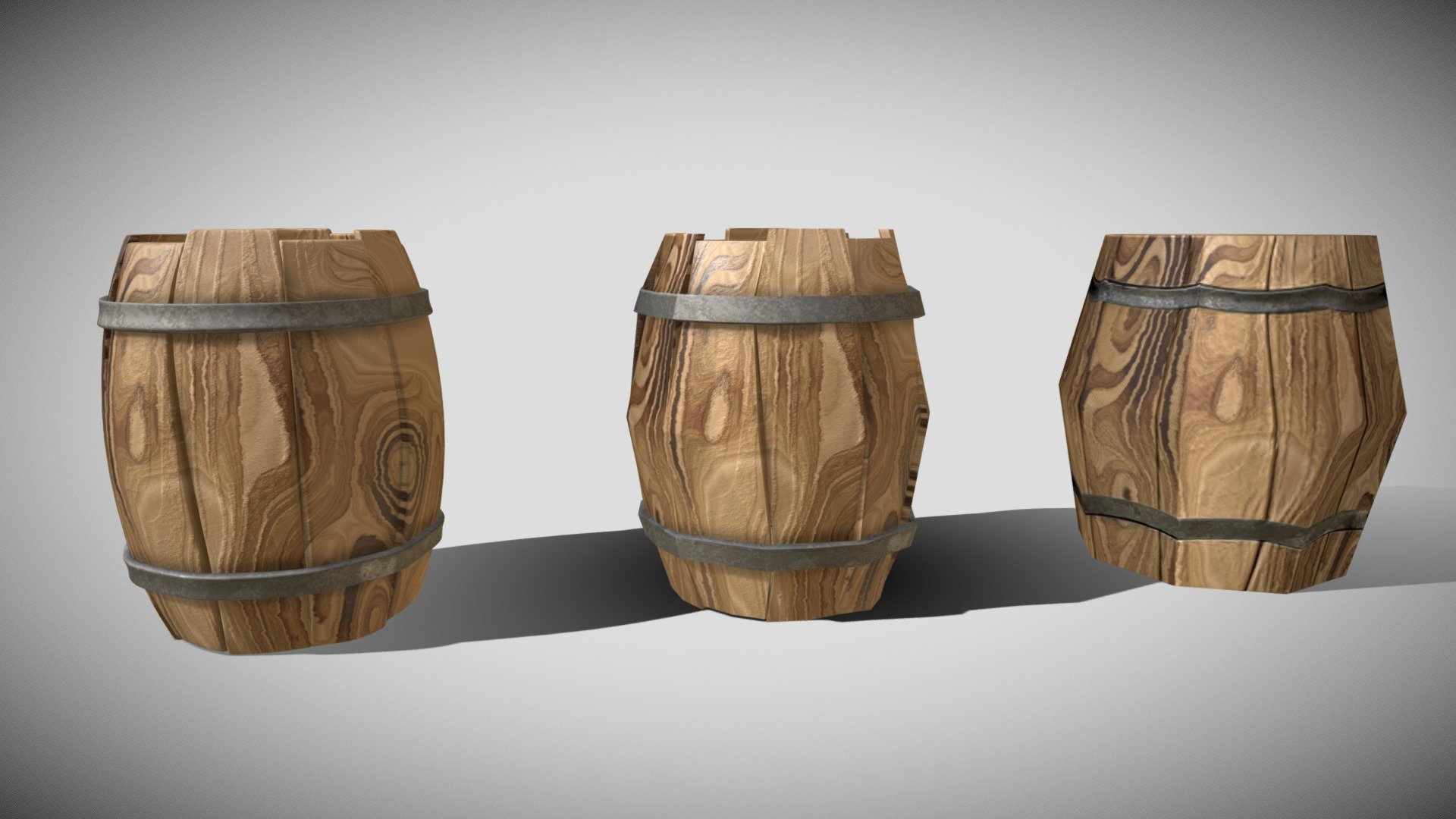 Wooden barrel in three LODs:
1. Highploy 
2. Lowpoly
3. Imposter
Face/Vertex count inside the annotations

This barrel objects comes from my mushroom house https://skfb.ly/ootHV - Wooden barrel - Download Free 3D model by LandingSequence 3d model