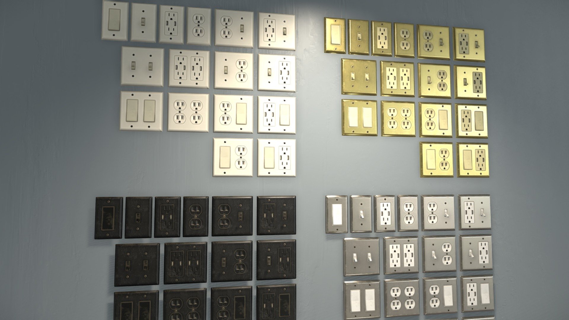 Assorted electircal outlets and switches. Low poly and ready to use for any archvis or realtime applications.

Contents:

2 switch and outlet varients, as well as double versions.

Light switches are animated and can go up and down.  

5 differnt 1k pbr material sets (white, gold, nickel, black, and yellow) with ARM texture (R - AO, G - Metalness, B - Roughness) each set shares the same material

This asset was made in Blender, and looks best inside Blender. However it can be exported to other applications.

Comment if you have any questions 3d model