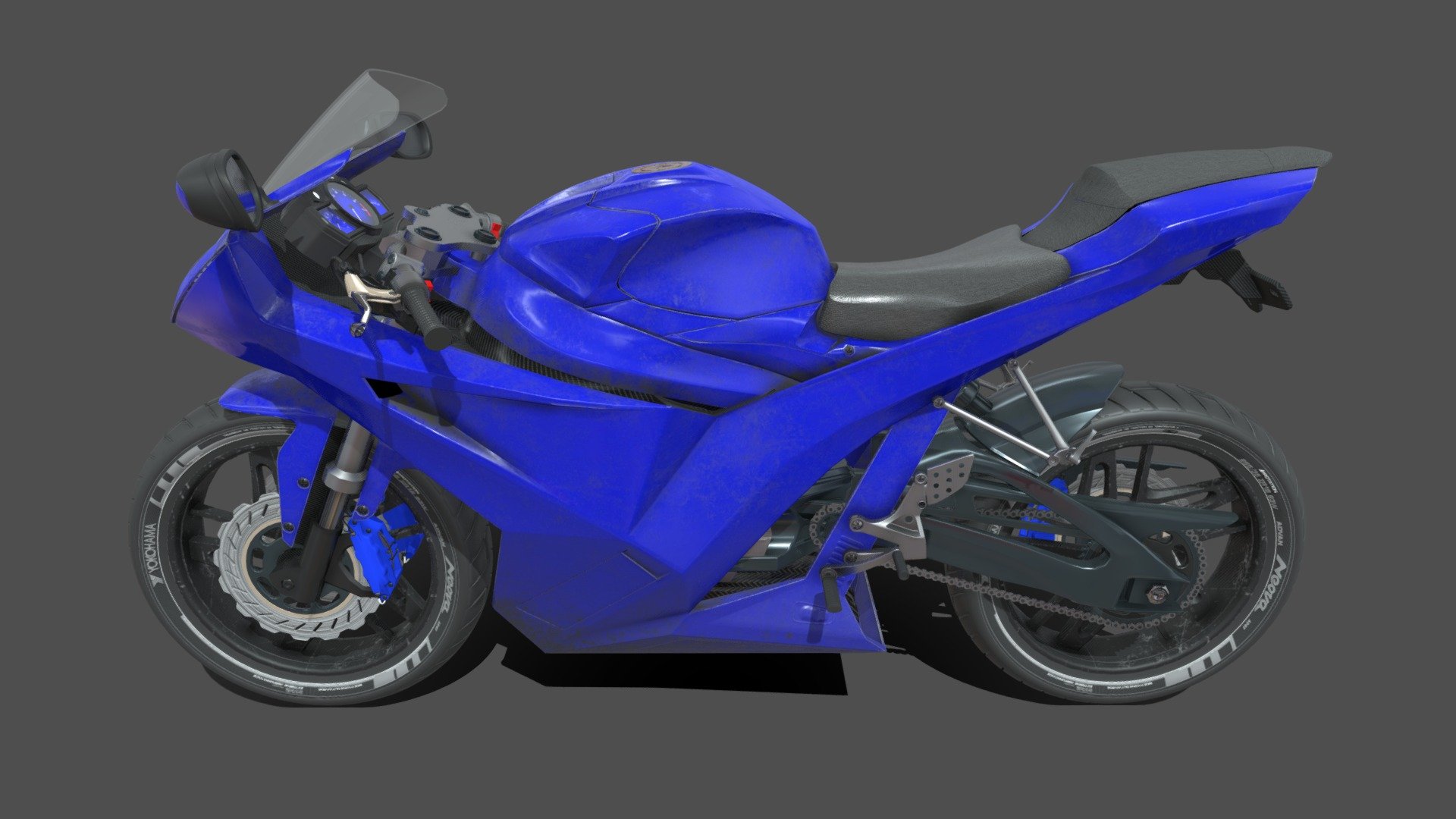 I fully designed this motorcycle as an exercice of design. This model has nothing to do with any design team. The UV are developed, the motorbike is accountable with any game engine or other 3D software. High quality polygonal model, optimized for polygon efficiency.
Details about the project : https://www.behance.net/gallery/99464073/Electric-motorcycle-design

Animation : - Shock absorbers are functional - The bike can turn - The wheels turn, the chain too

Creating a design from scratch takes way more time than reproducing an existing one. This is why prices are a bit higher than some other products. The advantage is that my designs are royalty free, that means you can use it in any support 3d model