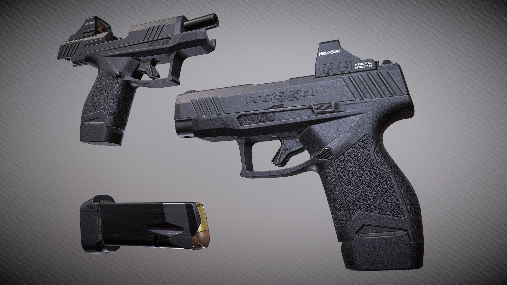 The Taurus GX4 was released in 2021, and is a micro-compact pistol which is the heavy-hitter in the space. The line has seen a few upgrades, and the Taurus GX4XL T.O.R.O. is a version with a longer slide that’s optics-ready. The Holosun HS507K X2 is an open red dot sight designed for concealed carry pistols.

Low-poly pbr-game-ready model - Taurus Gx4 XL with holosun hs507k x2 - Buy Royalty Free 3D model by Wallerion 3d model
