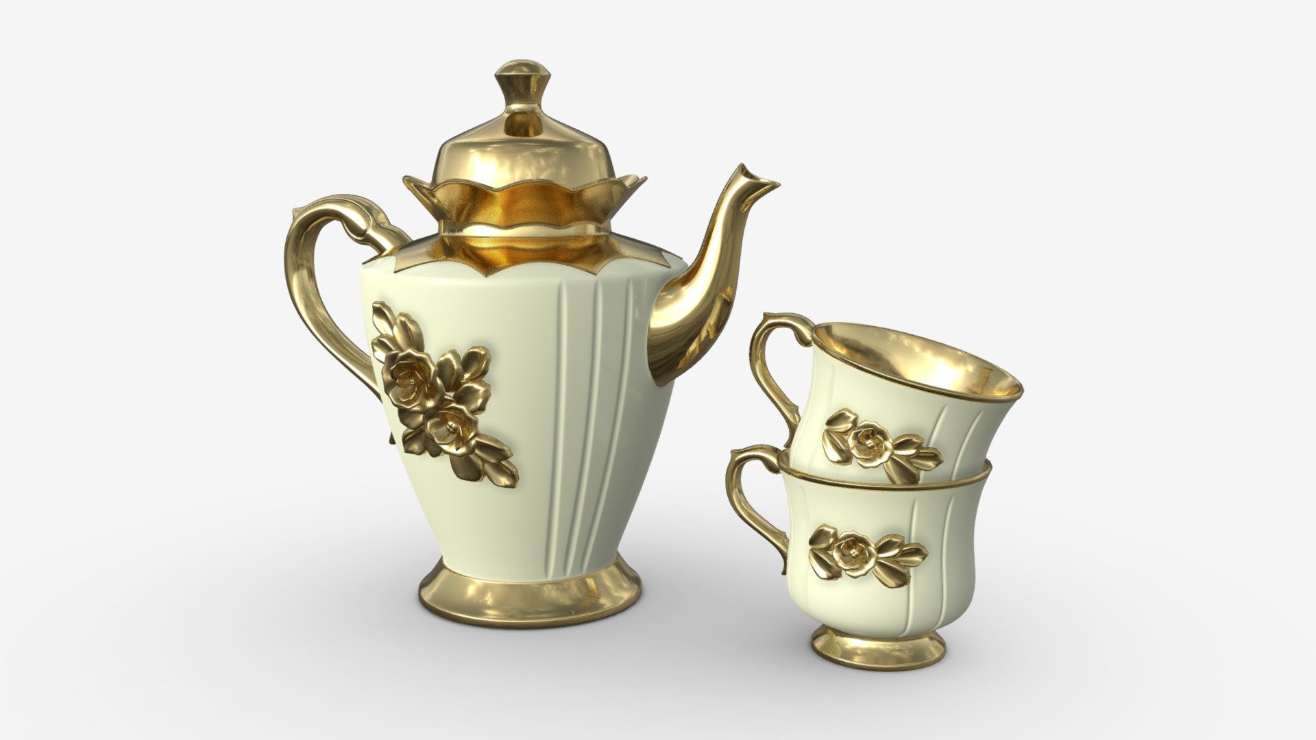 Teapot and Cups Decorated with Golden Flowers - Buy Royalty Free 3D model by HQ3DMOD (@AivisAstics) 3d model
