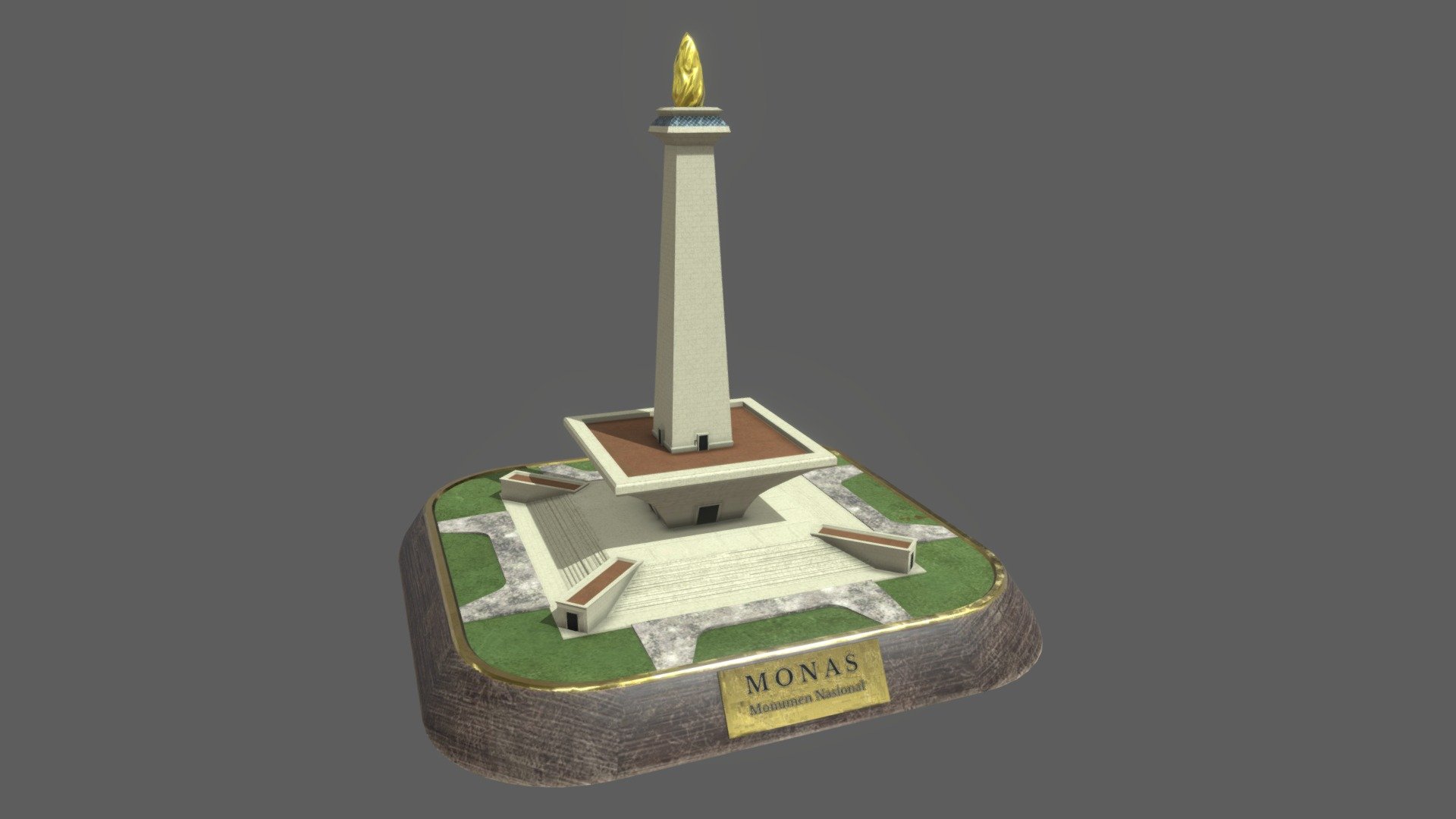 A figurine model of the Monumen Nasional (Monas), a large obelisk located in the center of Jakarta, Indonesia. Stylized lightly with aesthetics in mind, as such the dimensions/ratios don't really conform to the actual monument. Partially inspired by the Civilization 6 artstyle (though I did not nail it exactly).

Was created as a test of my modelling/texturing abilities, I'm quite happy with the outcome, while it did not precisely adhere to the idea I had in mind, it was quite good regardless.

Modelled in Blender and textured in Substance Painter 3d model