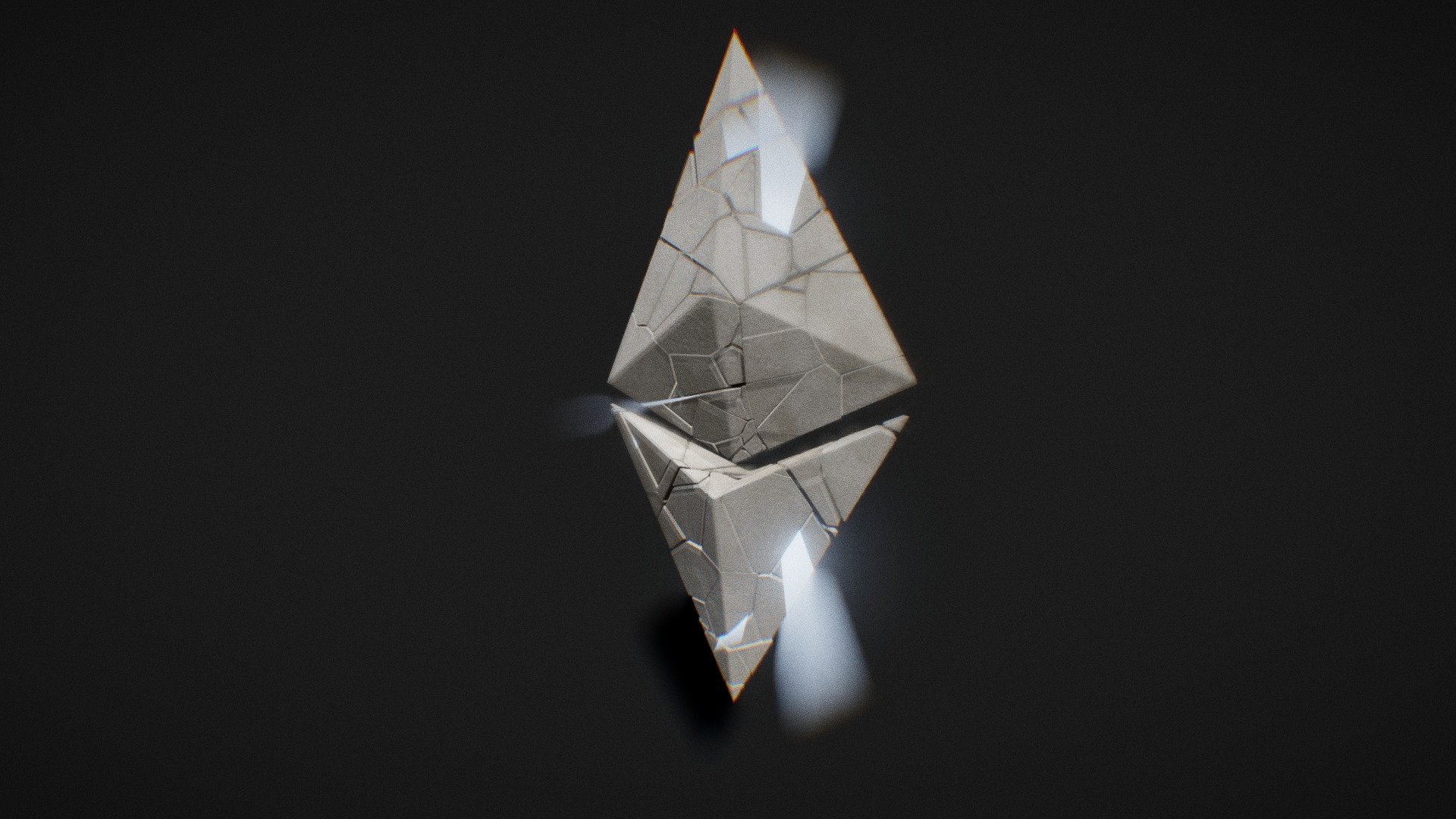 Here's an Animation of the ethereum rock formed shaped Explsition, where the big ethereum shaped formed by small rocks explodes, and revels the small powerfull ETH Diamond from inside 3d model