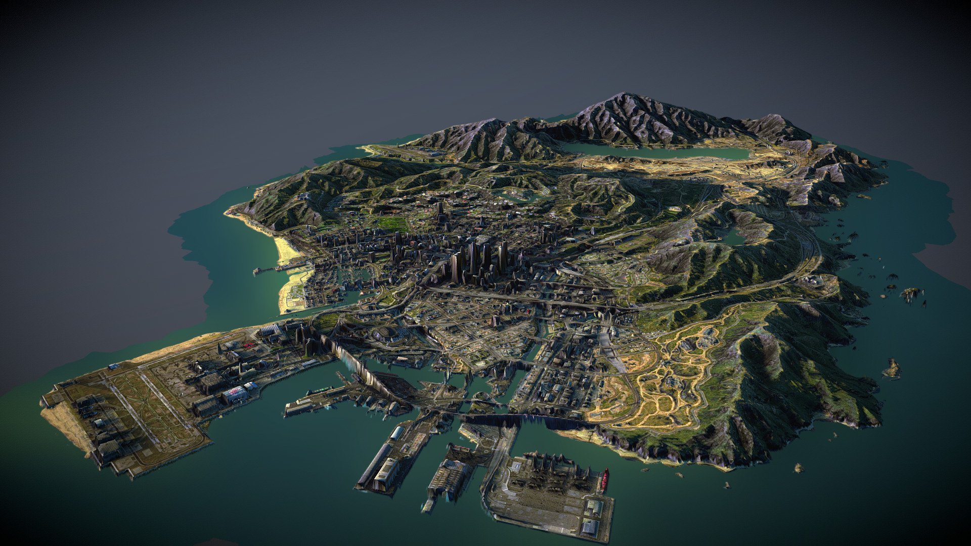 A 3d map of San Andreas from the game Grand Theft Auto V.

Check the Emission texture for an alternate night time map 3d model