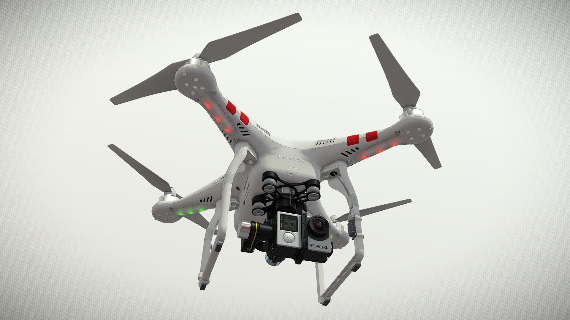 •   Let me present to you high-quality low-poly 3D model DJI Phantom 2 Quadcopter with Zenmuse H4-3D gimbal for GoPro Hero3-4 and GoPro HERO4 action camera. Modeling was made with ortho-photos of real quadcopter that is why all details of design are recreated most authentically.

•    Ease of use consists of a few meshes, it is low-polygonal and it has four materials.

•   The total of the main textures is 14. Resolution of all textures is from 2048 to 4096 pixels square aspect ratio in .png format. Also there is original texture file .PSD format in separate archive.

•   Polygon count of the model is – 24903.

•   The model has correct dimensions in real-world scale. All parts grouped and named correctly.

•   To use the model in other 3D programs there are scenes saved in formats .fbx, .obj, .DAE, .max (2010 version).

Note: If you see some artifacts on the textures, it means compression works in the Viewer. We recommend setting HD quality for textures. But anyway, original textures have no artifacts 3d model