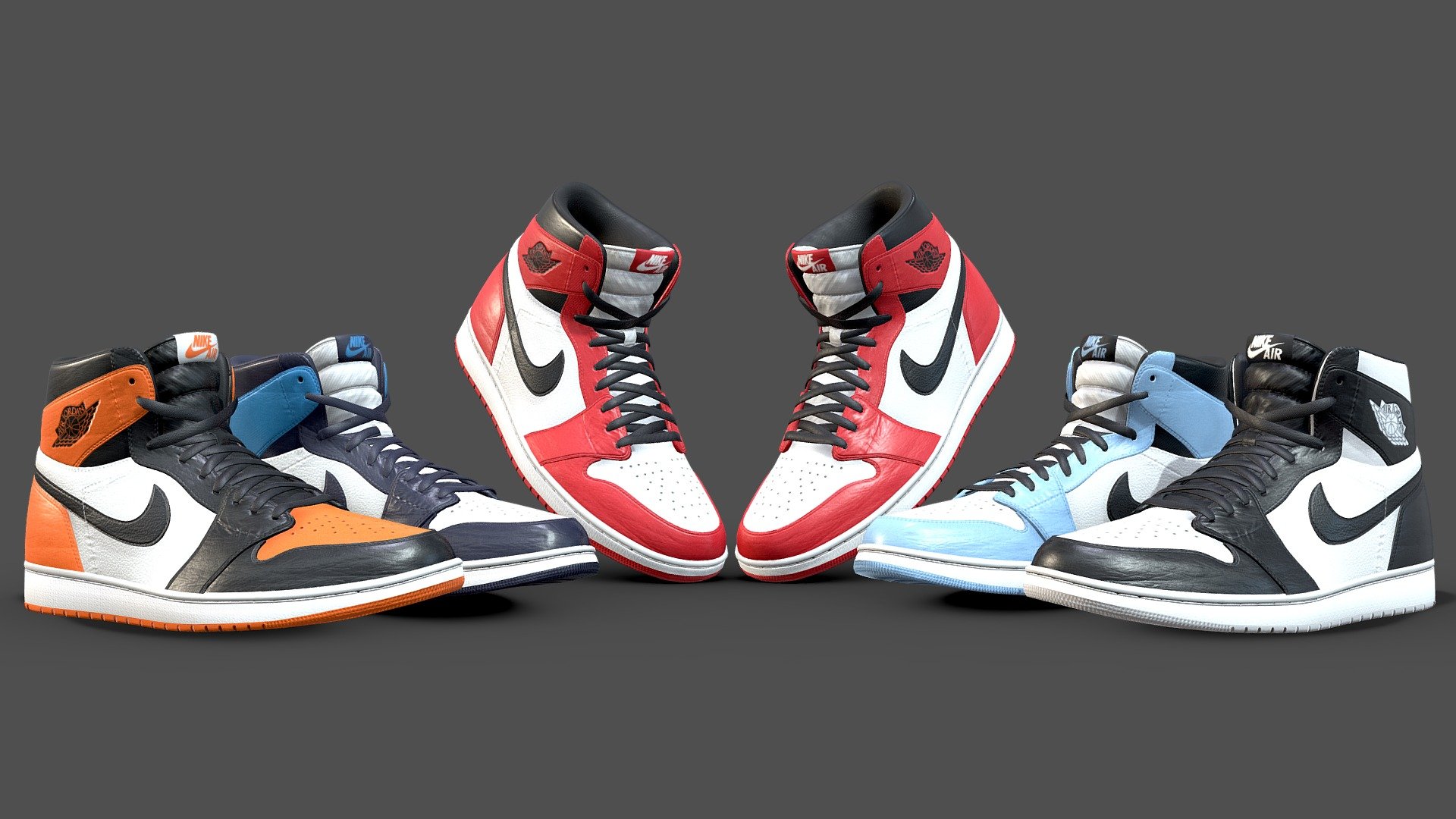 Optimised, low poly version of my Jordan 1 model in 5 colourways. The mesh uses just one texture set that covers both shoes and each shoe has a polycount of 17,537. This version would be ideal for in game use, or as an accessory to a render where the shoes are not the focus. The high detailed version of this model can be purchased here: https://skfb.ly/ozUPw

Clean, quad topology was used throughout the shoe. I have also included a rigged version, which is quite rudimentary but may be useful for quick manipulations/ attaching to a character.

The five colourways included are: Chicago, Obsidian, Black and White, Shattered Backboard, and University Blue. All colourways come with additional colours for the laces. 3d model