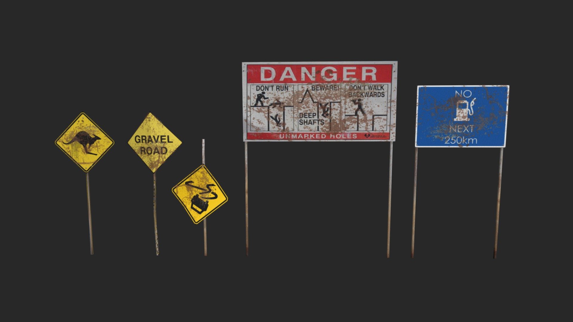 These models are part of my Gas Station project. It contains different outback signs that will be placed around my environment scene. The models where created in Maya and the scene was created in UE4 for a game environment 3d model