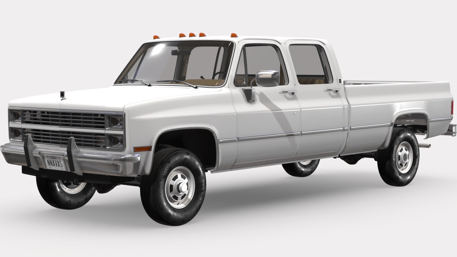 NN 3D store.

3D model of a vintage crew cab pickup truck.

The model was created with 3DS Max 2016 using the open subdivision modifier which has been left in the stack to adjust the level of detail.

FBX and OBJ files have been included in separated HI and LO subdivision versions.

Renderer: V Ray.

MATERIALS AND TEXTURES:

The model has diffuse, bump and specular maps plus materials. The pickup's body, cabin, tires and brakes have textures.

All materials and textures are included and mapped in all files, settings might have to be adjusted depending on the software you are using. 

Textures are in JPG format with 2048x2048, 1024x1024 and 512x512 resolution 3d model
