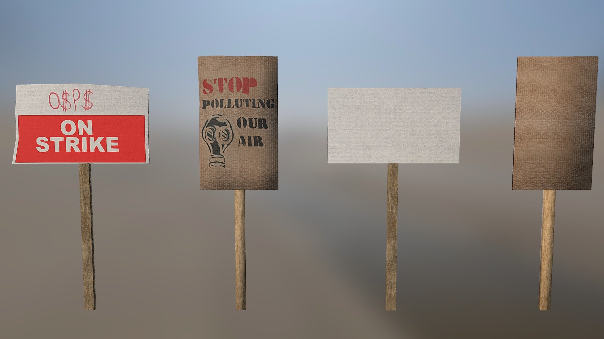 Protest Signs PBR Game Ready low-poly 3d model ready for Virtual Reality (VR), Augmented Reality (AR), games and other real-time apps.

To go on a strike, your characters willl need protest signs! - Protest Signs PBR Game Ready - Buy Royalty Free 3D model by artssionate 3d model