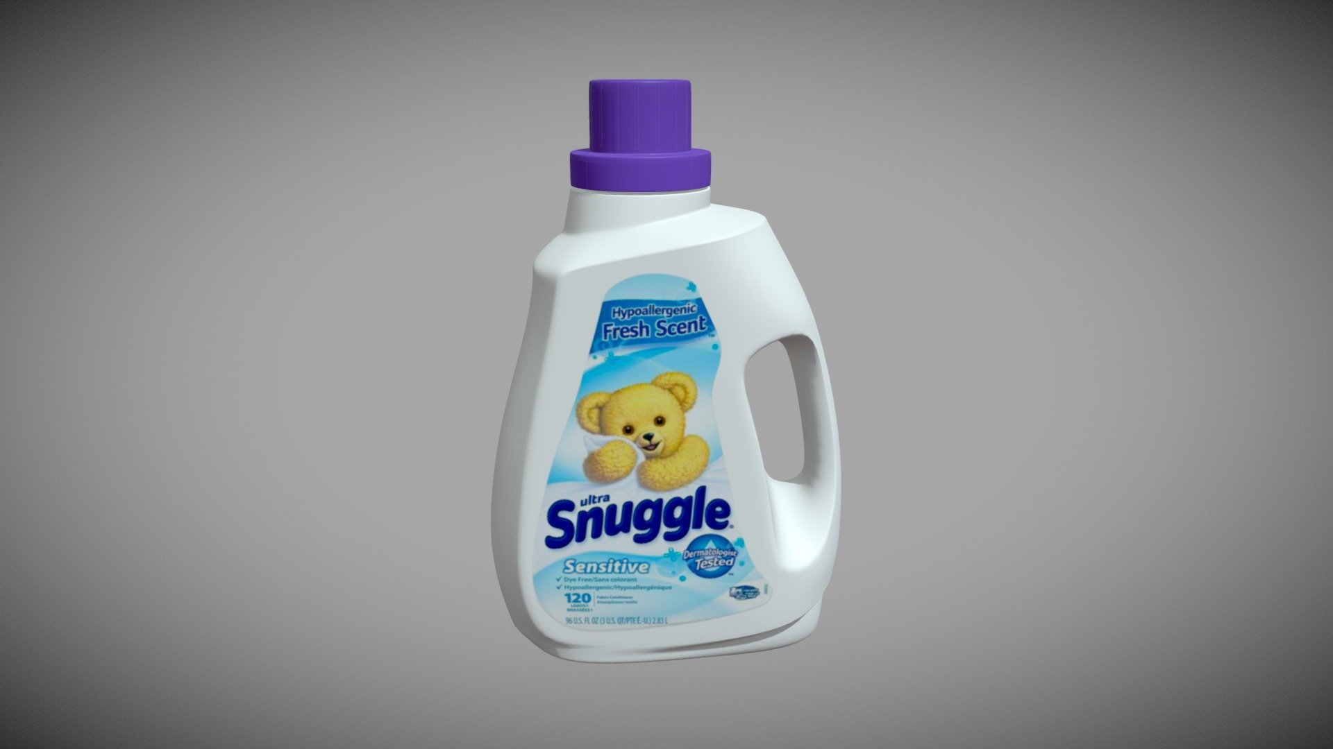 Detailed model of a snuggle detergent bottle modeled in Cinema 4D.The model was created using approximate real world dimensions.

The model has 25,160 polys and 25,201 vertices.

An additional file has been provided containing the original Cinema 4D project file, textures and other 3d export files such as 3ds, fbx, obj and stl 3d model