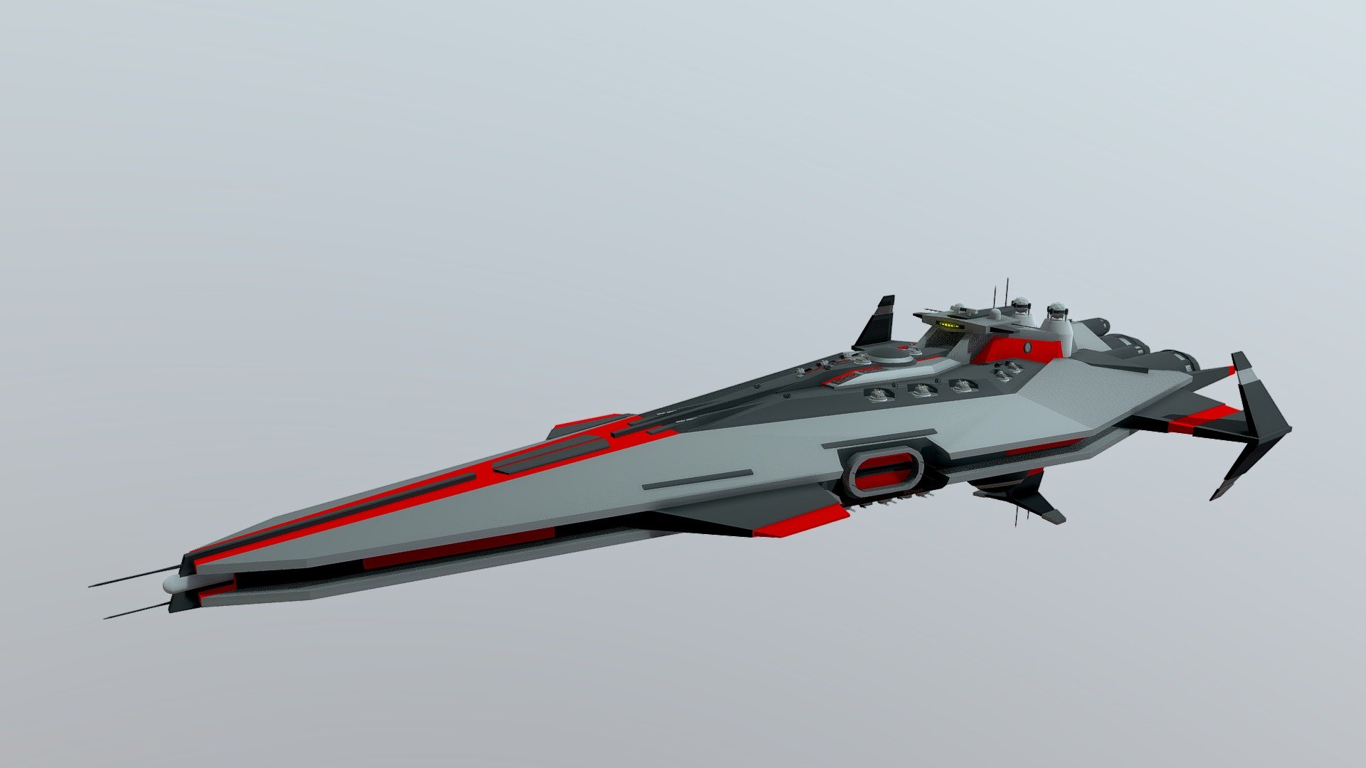 The Centurion Class was designed to act as a fleet's primary fire support vessal. While not intendend to go toe to toe with with large Capital ships it is more than capable, esspecially in a formation.
Roughly a third the size of a Tessasariaus Class at 560 meters, the Centurion focuses on volume of fire rather than shear power. This makes it ideal as a counter to missial barrages and attacks from small craft as well as surface support 3d model