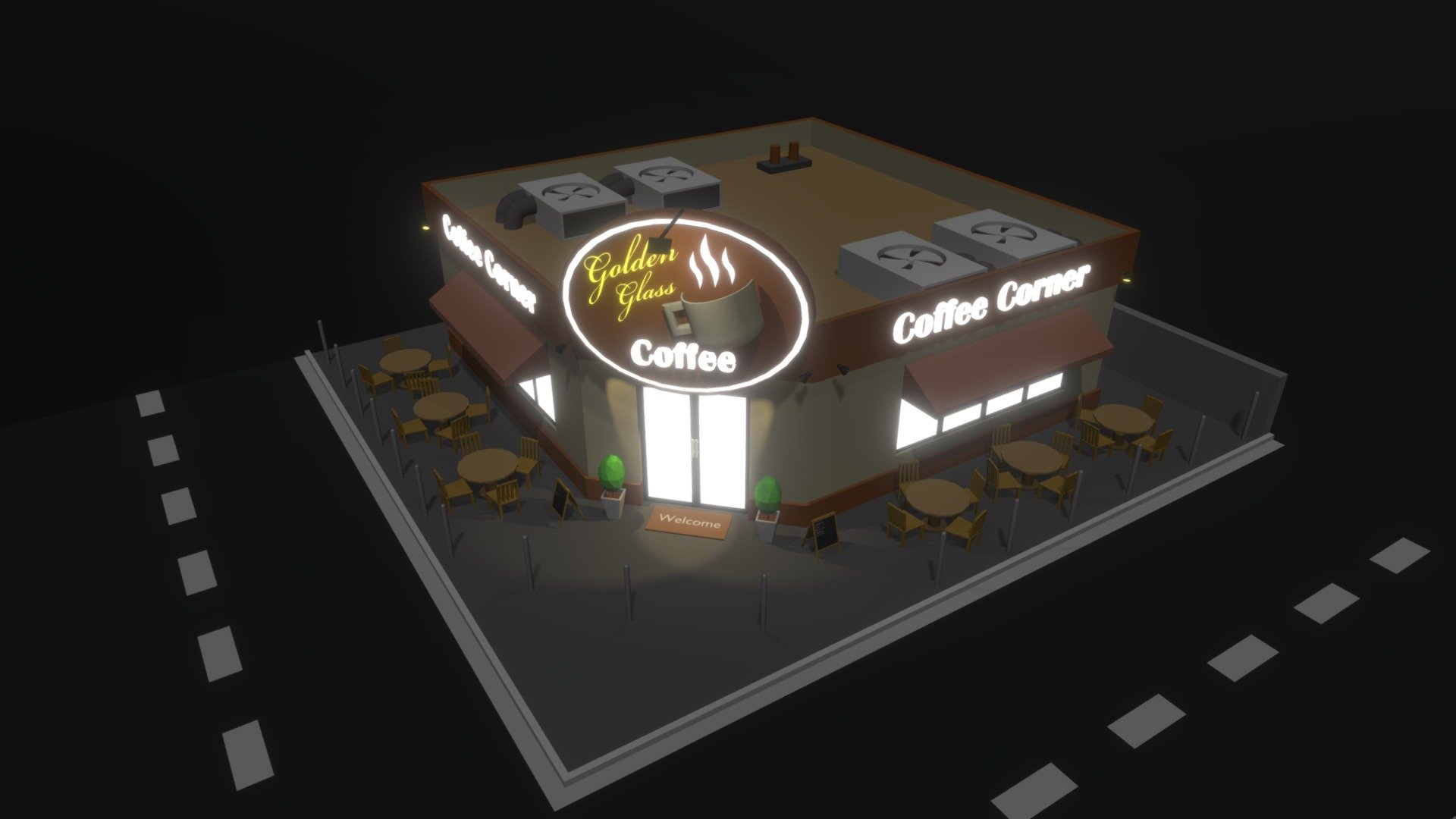 Coffee Corner 3D model for game asset, in night mode with eevee render 3d model