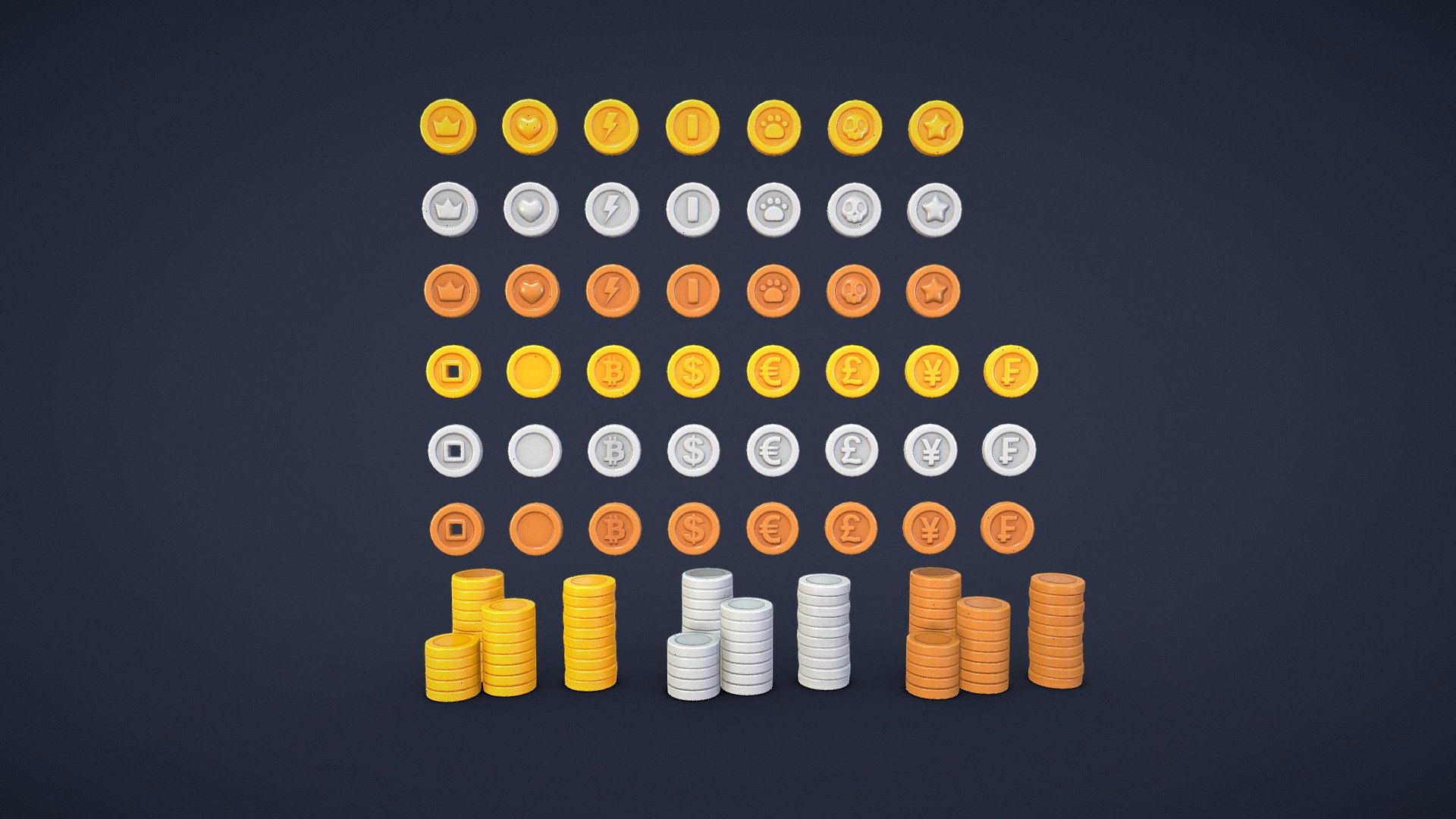 Pack of 57 models of gold, silver and bronze Coin

Pack include:




3 Coin

3 Bitcoin

3 Chinese Coin

3 Crown Coin

3 Dollar Coin

3 Euro Coin

3 Franc Coin

3 Heart Coin

3 Lightning Coin

3 Mario Coin

3 Paw Coin

3 Pound Coin

3 Skull Coin

3 Yen Coin

3 Pile of 5 Coin

3 Pile of 8 Coin

3 Pile of 10 Coin

Diffuse, Normal and Roughness textures

2048 x 2048 PNG textures

The models are between 160 and 1 240 tris

AR / VR / Mobile ready - Coin Pack - Buy Royalty Free 3D model by Andrii Sedykh (@andriisedykh) 3d model