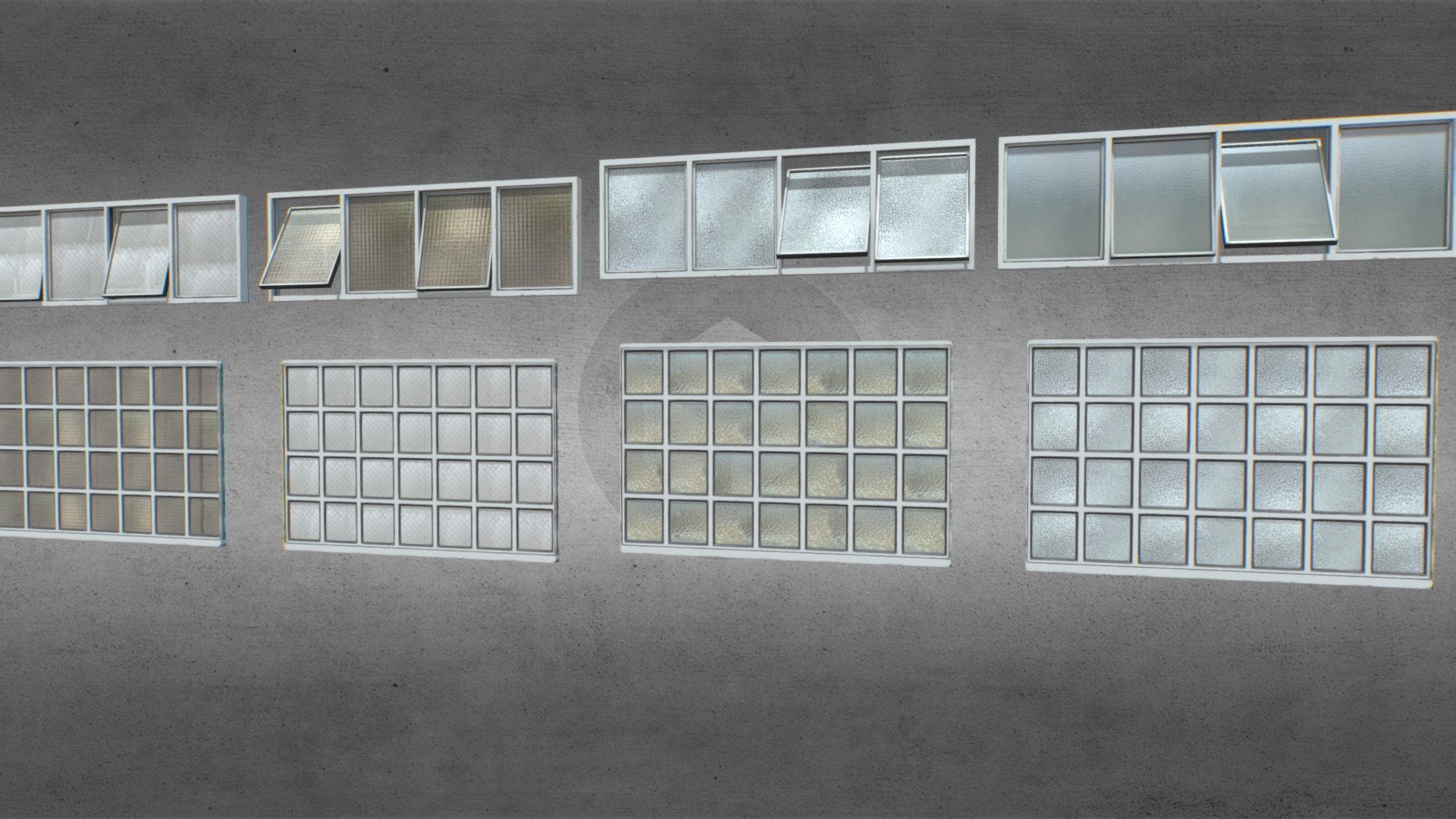 Pack of 4 different windows with painted frame. Based on realistic windows.

Comes with PBR 4096pix texture sets including Albedo, Normal, Roughness, Metalness, AO. TGA textures.

Suitable for factories, warehouses, hangars, etc..

In the window with 4 glasses, the 4 windows can be opened 3d model