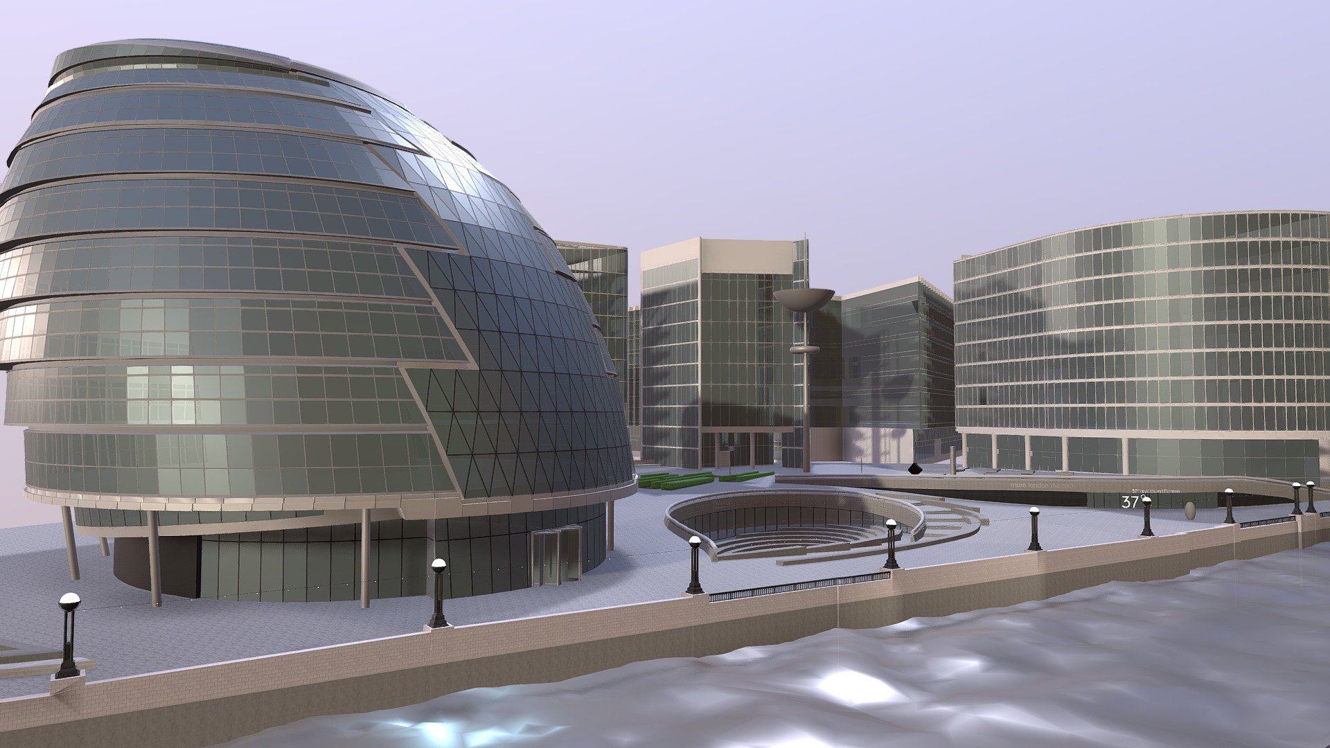 City hall is the headquarters of the Greater London Authority (GLA). It is modeled here with the surounding buildings and terrain. This project was created using 3D laser scanning of the area 3d model