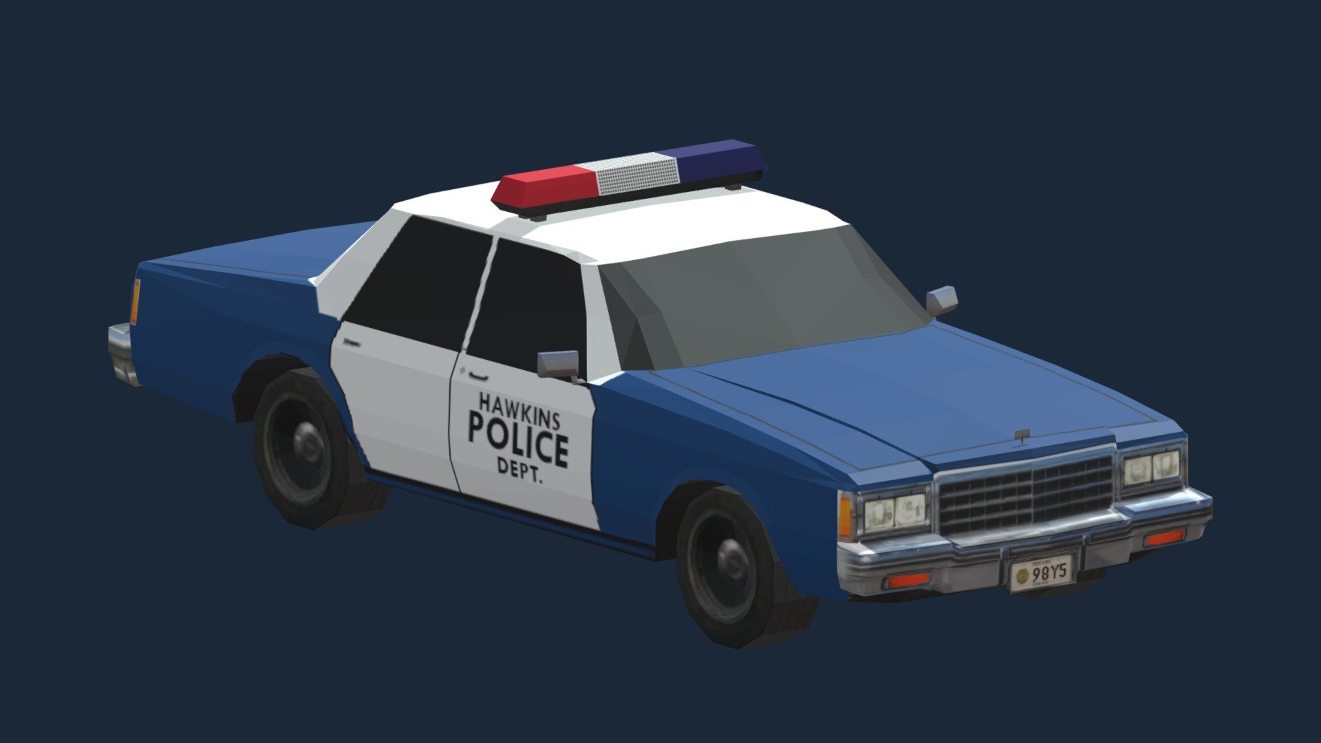 Hawkins Police Car
As seen on the Netflix show Stranger Things.

Vehicle of choice for Hawkins' finest! Original asset created by Archie Cuntingham - Caprice Police blue version. Used with permission by the author. I modified his textures/UV maps a bit to give more fidelity to the Hawkins logo and gave it a darker blue livery.

This is an was created for use in the game Cities Skylines - here is the asset if you’d like to use it!

Modelled and textured by hand - please favorite and follow! - Hawkins Police Car - Download Free 3D model by Sea Land Air (@sealandair) 3d model