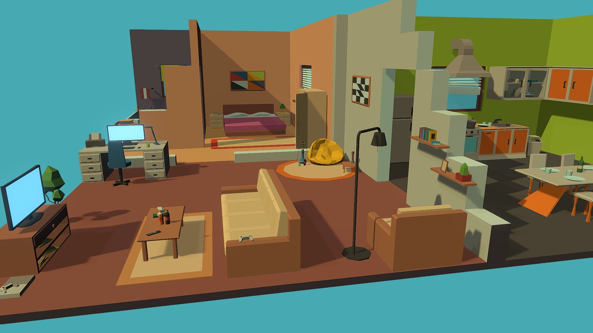Hi, this is my isometric low poly house with bedroom, living room, kitchen and bathroom. There are lots of objects in each room. All the objects are separated to the groups, so you can easily move it where ever you want 3d model