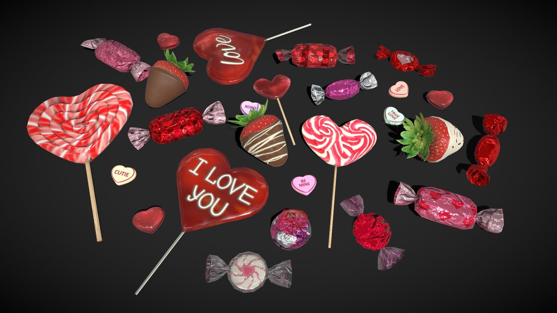 Vantelines Candies Sweets - low poly pack

includes:




Valentine’s Lollipops / Heart Lollipops

Strawberries in Chocolate

Candies

Triangles: 11.6k
Vertices: 6.1k

4096x4096 PNG texture




my Valentine's Day models collection &lt;&lt;

my food collection &lt;&lt;
 - Valentines Candies Sweets - low poly pack - Buy Royalty Free 3D model by Karolina Renkiewicz (@KarolinaRenkiewicz) 3d model