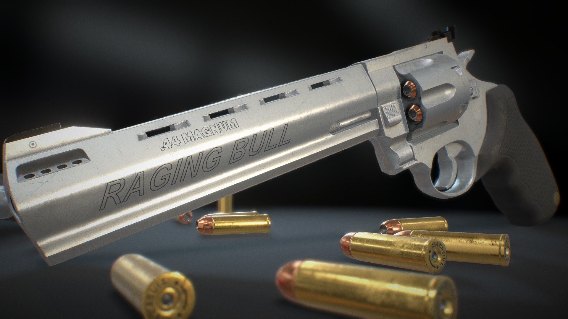 Hard surface and PBR Study based on the famous 44Magnum from Taurus.

Fully textured in Substance Painter.

-

3D Model information:

Game-ready high quality asset fully modeled and operational. (All parts are separated).

Bullets are also available in the .Fbx file with a separate Texture Set for ease of use.

PBR Textures are in 4K resolution  (Metallic/Roughness worflow) - Taurus Raging Bull - by Jonathan BENAINOUS - Buy Royalty Free 3D model by jonathanbenainous 3d model