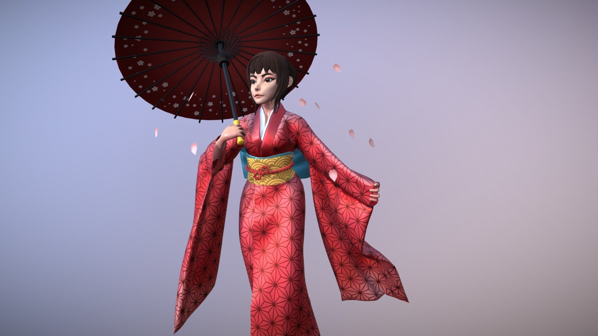 Character of a girl wearing kimono. 
I do the sculpting with zbrush, then use marvelous designer for the kimono, and coloring with substance 3d model