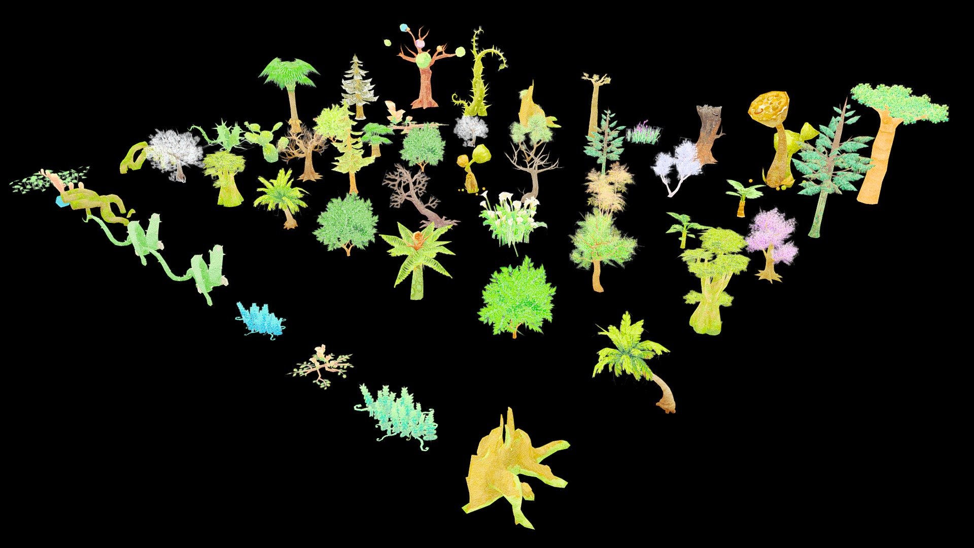 A package of low polygonal plants.The package contains 50 objects. 
Objects are optimized as much as possible. The total polygon is 49365 triangles. 



Triangles: 840 to 9244 
Vertexs: 945 to 20558 
Only Textures Diffus duplicated in resolution 1024 and 512. Format textures of PNG. 
Files include: 3Dsmax, 3Ds, Obj, Fbx and folder with textures. Ready import to game project (Unity, Unreal) 



If there is a need for any type of model, send a message! We will provide. 
Thanks for your interest and love! 



Note: Watercolor style illustrations 
It is recommended to use flat lighting or shaderless material - Tree Illustration Part 1 - 3D model by josluat91 3d model