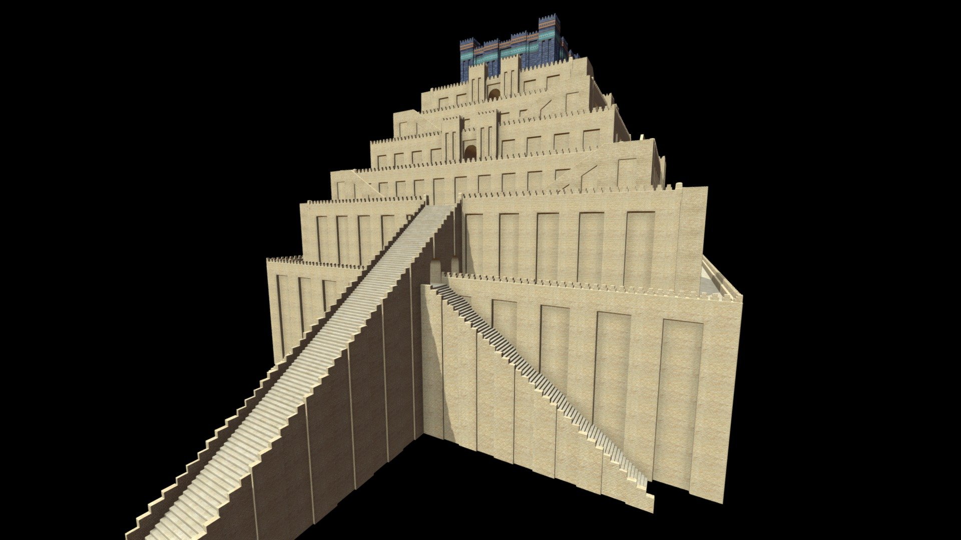 The Ziggurath of Babylon, the crazy big one with his seven terraced levels.
It was described by Herodote by his time, but I made it according to various model across internet that I have seen.

Here -&gt; https://youtu.be/qeSinXk4U7c                                                                               

You can see this model where I use it in a Timelapse video on Unreal Engine.

The height of the building is today estimated at about sixty meters, what was to be huge and massive in the center of an old city. 
In my Blender file the building made exactly 65 m and 99.21 cm&hellip; I had to drag on the scale a little bit accidentelly during modelization process ^^

Note : I don't put it on sale for the moment 3d model