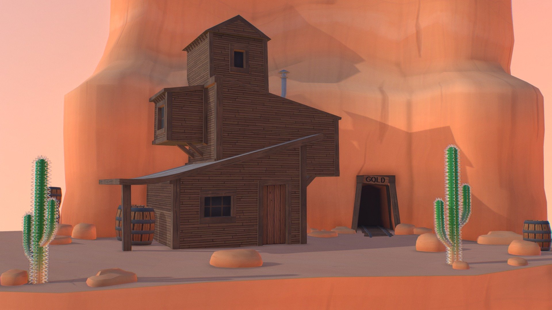 A low poly hand painted scene for gameart 2017. The house of a gold miner next to his mine, in the middle of the desert. I will probably upload a more finished version somewhere in the future 3d model