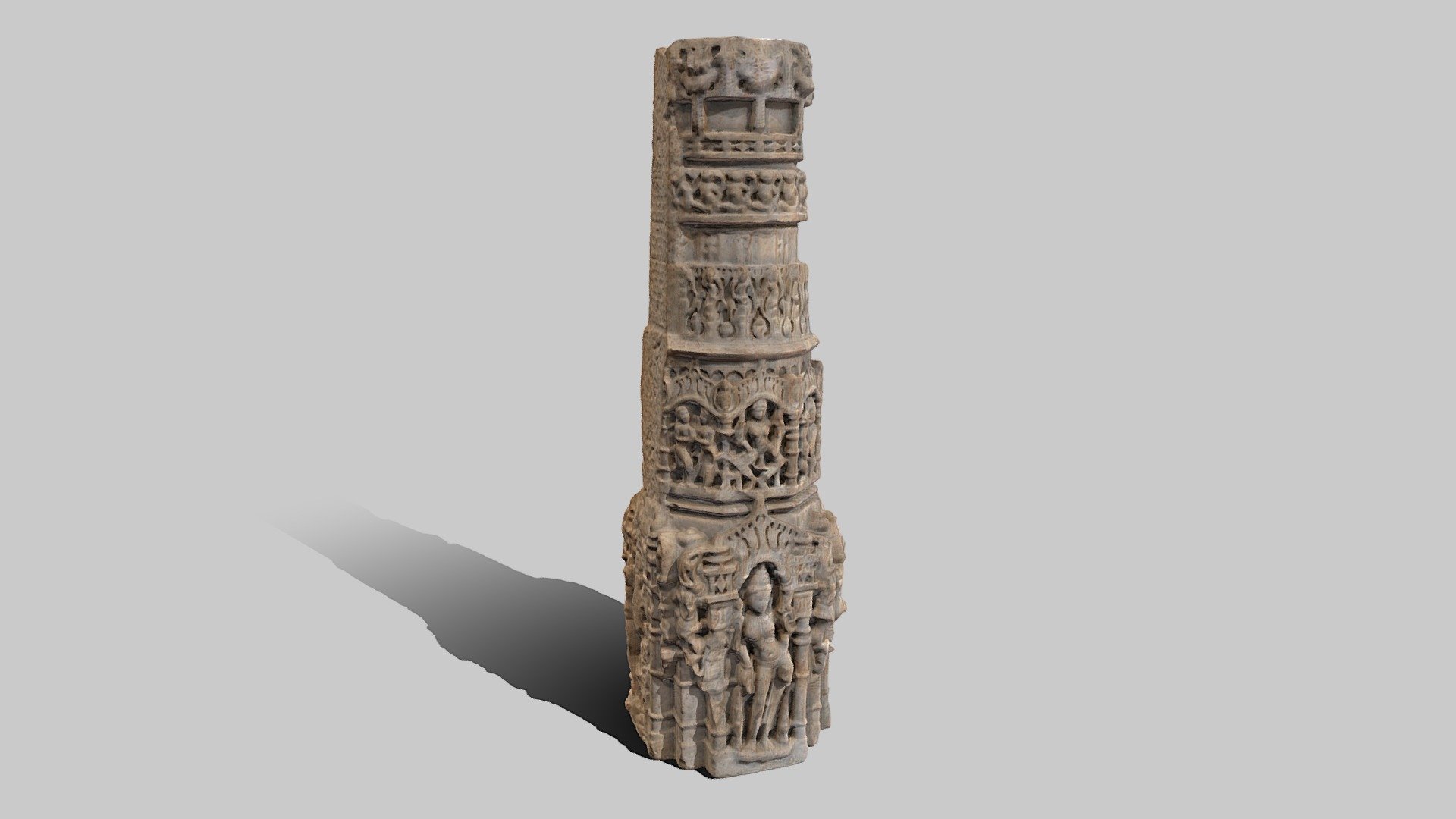 A marble pillar, perhaps from a Jain temple, India. Now located in the British Museum, London.

Date: 12th Century.

https://www.britishmuseum.org/collection/object/A_1994-1215-1

47 photos taken in May 2023 with a Sony a7R III and processed in Reality Capture. Lighting removed in Agisoft Delighter 3d model
