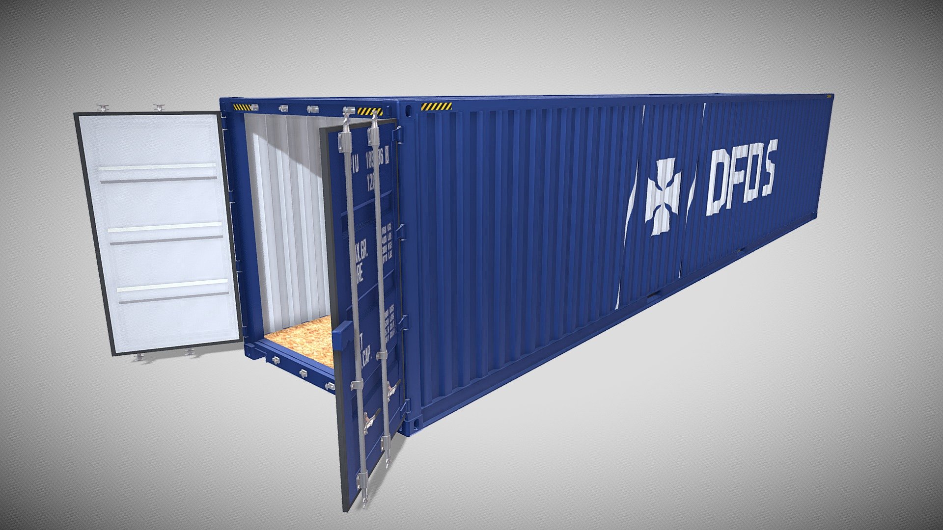 40ft Shipping Container 3d model rendered with Cycles in Blender, as per seen on attached images. 

File formats:
-.blend, rendered with cycles, as seen in the images;
-.obj, with materials applied;
-.dae, with materials applied;
-.fbx, with materials applied;
-.stl;

-.blend, with doors open, rendered with cycles, as seen in the images;
-.obj, with doors open, with materials applied;
-.dae, with doors open, with materials applied;
-.fbx, with doors open, with materials applied;
-.stl;

Files come named appropriately and split by file format.

3D Software:
The 3D model was originally created in Blender 2.8 and rendered with Cycles.

Materials and textures:
The models have materials applied in all formats, and are ready to import and render.
The model comes with two png image textures.

Don't forget to rate and enjoy! - 40ft Shipping Container DFDS - Buy Royalty Free 3D model by dragosburian 3d model