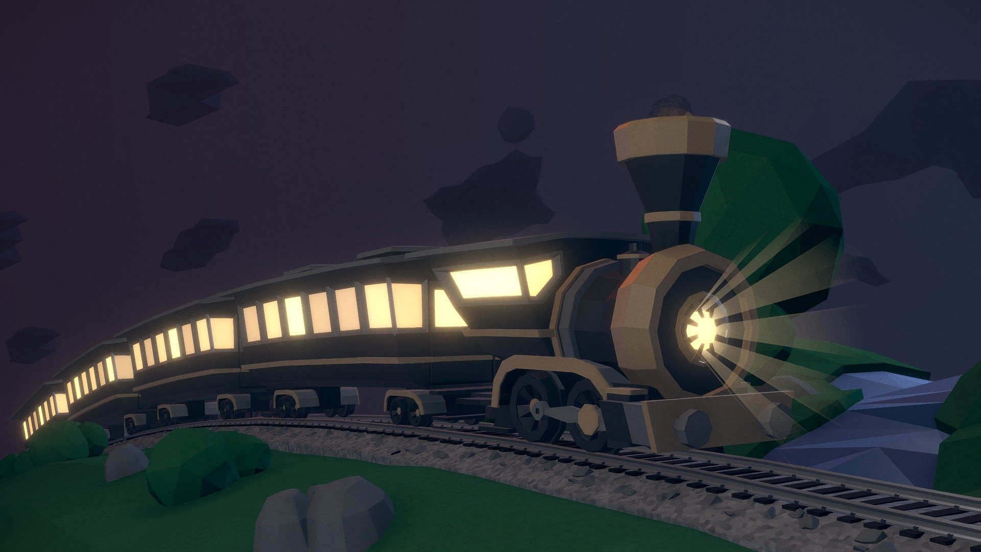 Made a train for fun, then challenged myself to animate it on a curve. Took some doin' since sketchfab doesn't interpret deform modifiers 3d model