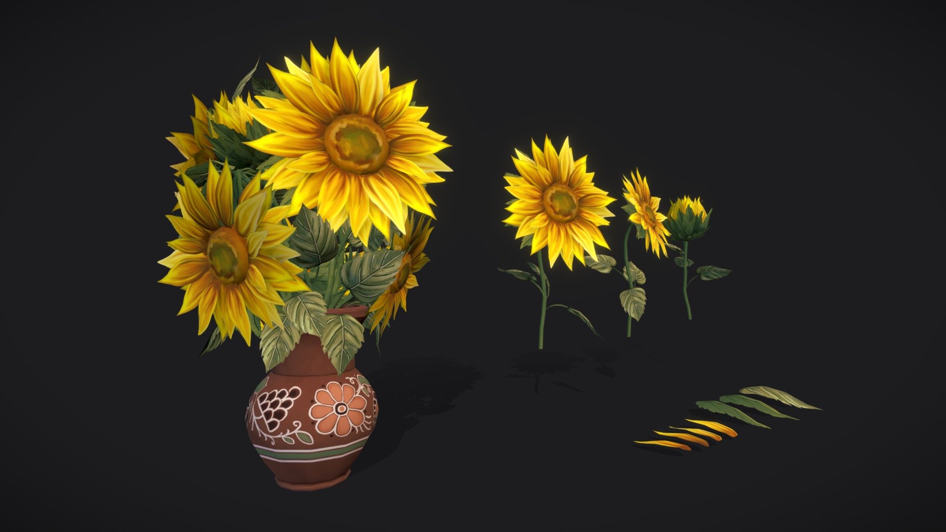 Sunflowers handpainted model. 
Overlapping UVs (texture atlas) 

Geometry:


Bouquet
Separate flowers
Separate petals 
Ceramic Pot

The archive contains following files:


.MA file (original MAYA file, version 2022)
FBX file
OBJ

Texture set:


Sunflower_BaseColor (1024 * 1024 and 4096 * 4096 )
Sunflower_Opacity  (1024 * 1024 and 4096 * 4096 )
Pot_BaseColor  (1024 * 1024 and 2048 * 2048 )

If you have any additional questions or any problems related to the model, kindly contact me: katy.b2802@gmail.com - Stylized Sunflower - Buy Royalty Free 3D model by Enkarra 3d model