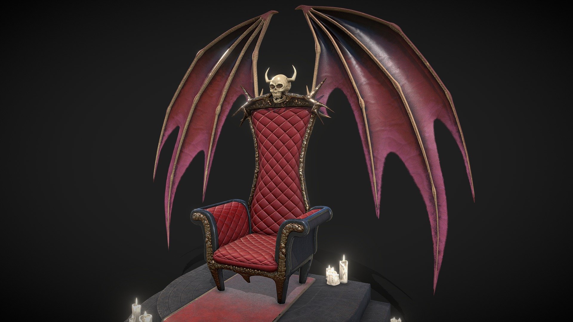 A dark settings throne with skull and wings from a demon to show the power and might of the owner.




3 Sets of 4k Textures


1 Set of 1K Texture for the Candle and a simple image for the candleflame




29.571 Faces



44.046 Faces with Candles
 - Demon Throne with Candles - Buy Royalty Free 3D model by Demonic Arts (@Jesterz86) 3d model