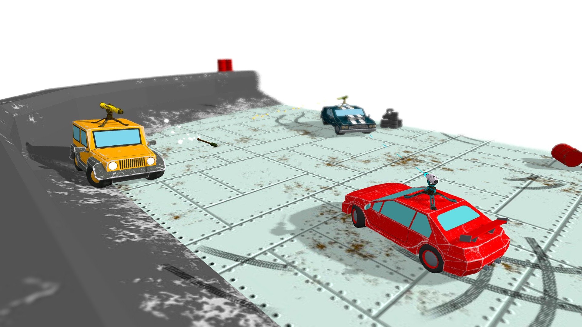 Low poly style cars and weapons. Perfect game ready asset for demolition-derby racing games like FlatOut or Blur. Models have damages from the fighting, corrosion and rust. Also has rockets for the rocket launcher, bullets for machine gun and laser for laser shooter 3d model