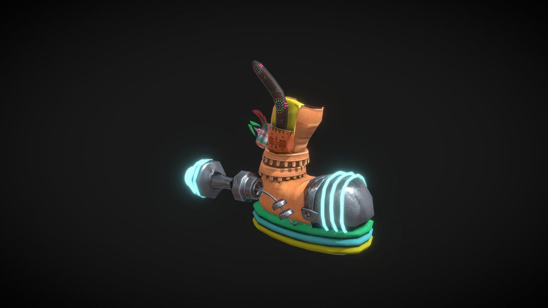 Accessory inspired by the video game Crash Bandicoot, these boots allow Crash to walk in the water and fly because of his rocket’s engines in the sole of the boot. Additionally, it has a boomerang to attack its enemies. The decoration is inspired by the tribes of Australia 3d model