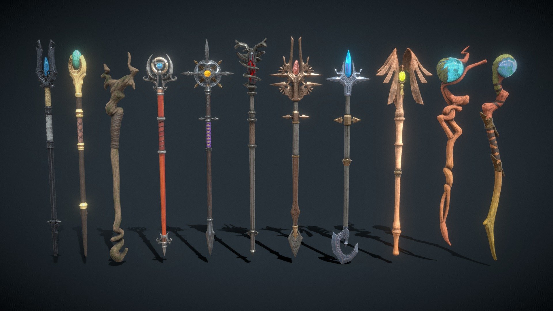 A set of quality staff models. Consists of 11 original objects. Each staff has a PBR texture with a resolution of 2048x2048.

Total polygons (triangles) 32346

SM_Staff_indian_set04_01 - 3162

SM_Staff_indian_set04_02 - 2244

SM_Staff_indian_set04_03 - 1460

SM_Staff_indian_set04_04 - 3284

SM_Staff_indian_set04_05 - 4898

SM_Staff_indian_set04_06 - 2188

SM_Staff_indian_set04_07 - 3520

SM_Staff_indian_set04_08 - 2220

SM_Staff_indian_set04_09 - 5618

SM_Staff_indian_set04_10 - 1924

SM_Staff_indian_set04_11 - 1828

Archives with textures contain:

PNG textures - base color, metallic, normal, roughness

Texturing Unity (Metallic Smoothness) - AlbedoTransparency, MetallicSmoothness, Normal

Texturing Unreal Engine - BaseColor, Normal, OcclusionRoughnessMetallic - Fantasy Staff Set 05 - 3D model by zilbeerman 3d model