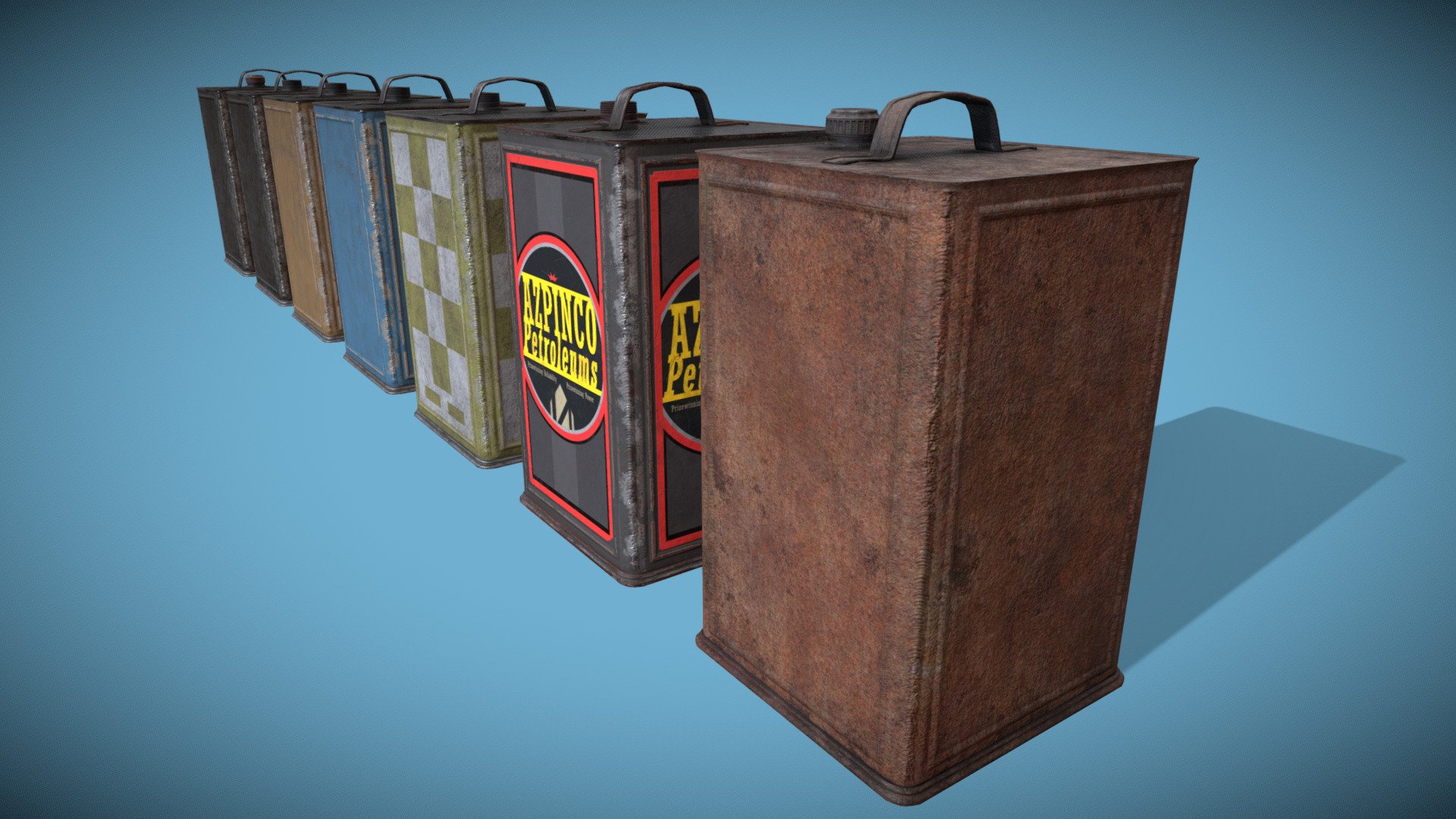 Vintage 5 Gallon Rectangular Oil Can or Motor Oil Can / Gas Can. Typical of a home-garage or old gas-station interior. Comes with several texture variations.

Additional files zip includes all uncompressed PNG files as well as a alternate version with differently weighted normals and slightly altered geometry for optimal cycles rendering 3d model