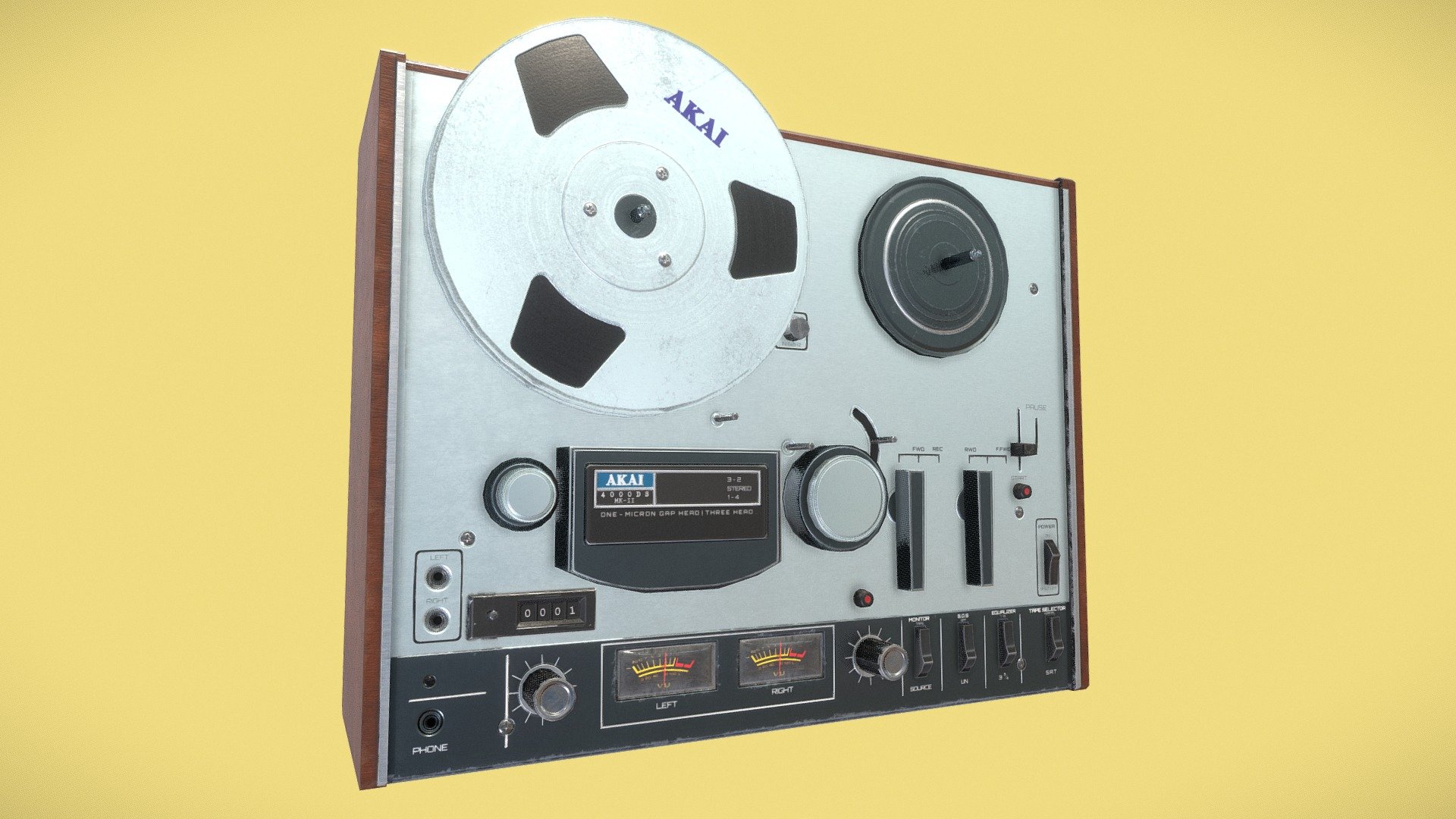 An old Akai DS4000 Reel to reel player i recreated for a school project!
I used Cinema 4D for the moddeling and unwrapping and textured it in Substance Painter! - Vintage Reel to Reel - 3D model by TimBuhrs 3d model