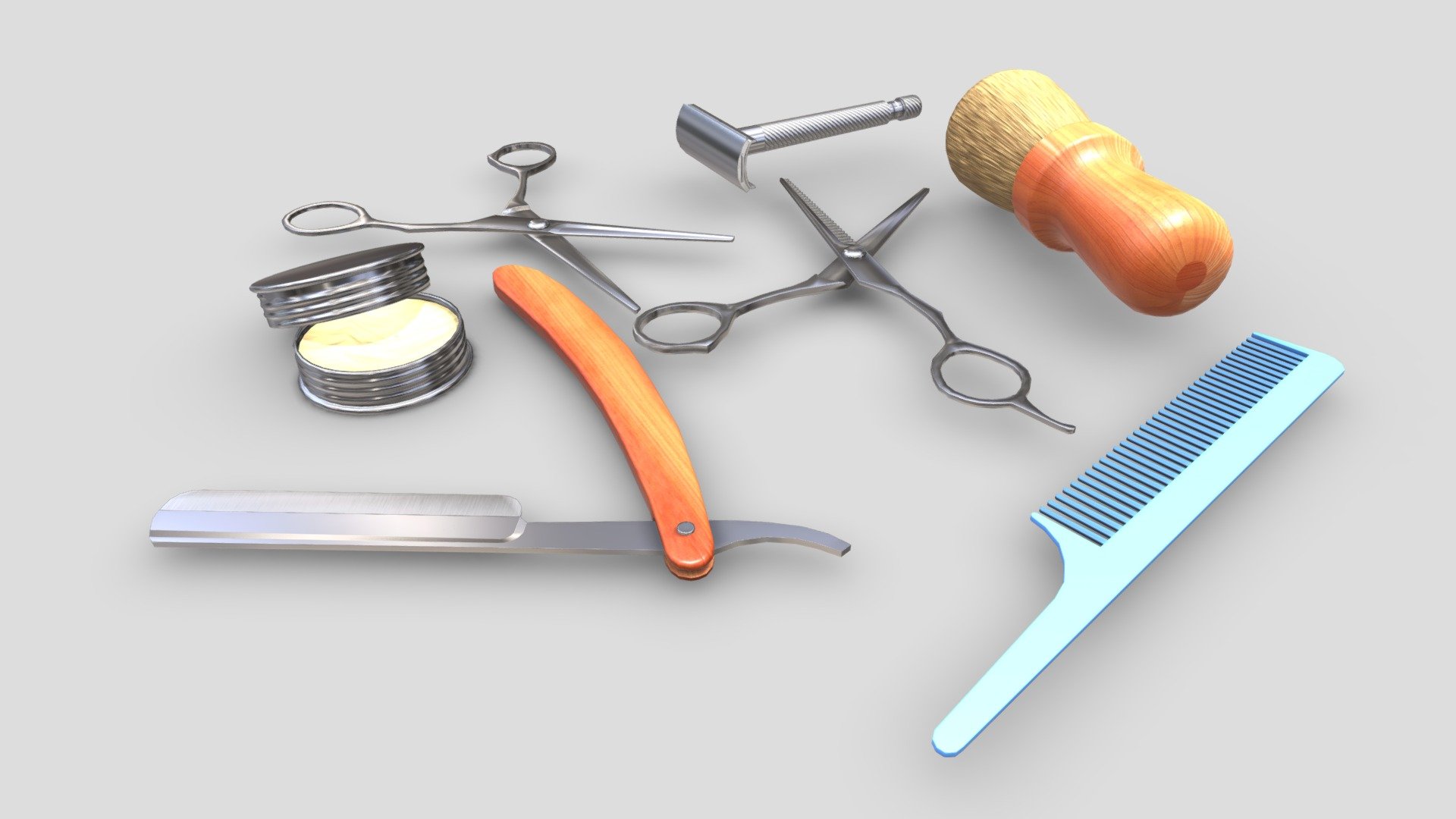Barber tools 3D Model by ChakkitPP.


This model was developed in Blender 2.90.1
Unwrapped Non-overlapping and UV Mapping
Beveled Smooth Edges, No Subdivision modifier.

No Plugins used.



High Quality 3D Model.


High Resolution Textures.

Objects Detail : 


Shaving brush Polygons 675 / Vertices 720
Comb Polygons 1148 / Vertices 1453
Straight Razor Polygons 794 / Vertices 830
Wax Polygons 3276 / Vertices 3193 
Scissors Polygons 1322 / Vertices 2620    
Sigle Thinning Scissors Polygons 2782 / Vertices 2466 
Shaving Polygons 1624 / Vertices 1565

Textures Detail :


2K PBR textures : Base Color / Height / Metallic / Normal / Roughness / AO

File Includes : 


fbx, obj / mtl, stl, blend
 - Barber Tool - Buy Royalty Free 3D model by ChakkitPP 3d model