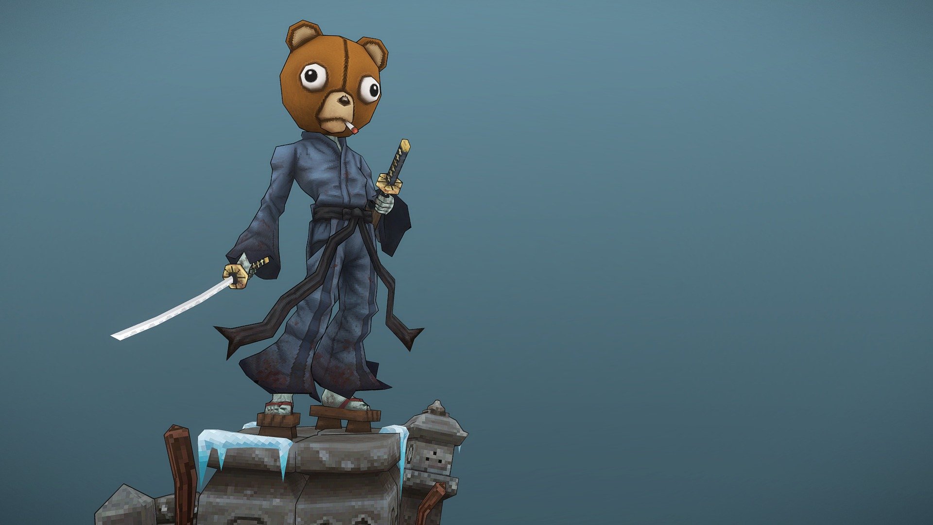 Jinnosuke.. as he was once known. Now known as Kuma, and he only seeks revenge on his childhood friend. The Afro Samurai.

A fun project that I wanted to try in one of my favorite styles. Originally inspired by a Slaught model from long long ago(in the olden days of Polycount).

The character with swords is 2258 triangles, and the base is an additional 1835.

http://www.andrewpearsonroach.com/ to see my other works 3d model