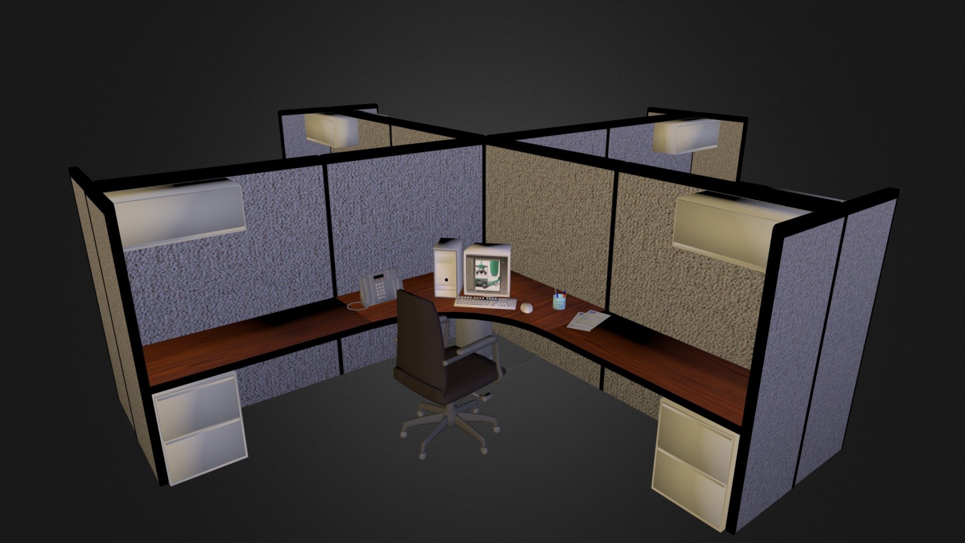 A model of a 4-cubicle office environment. Includes desks, chairs, computers, cabinets, and paperwork on the desks 3d model
