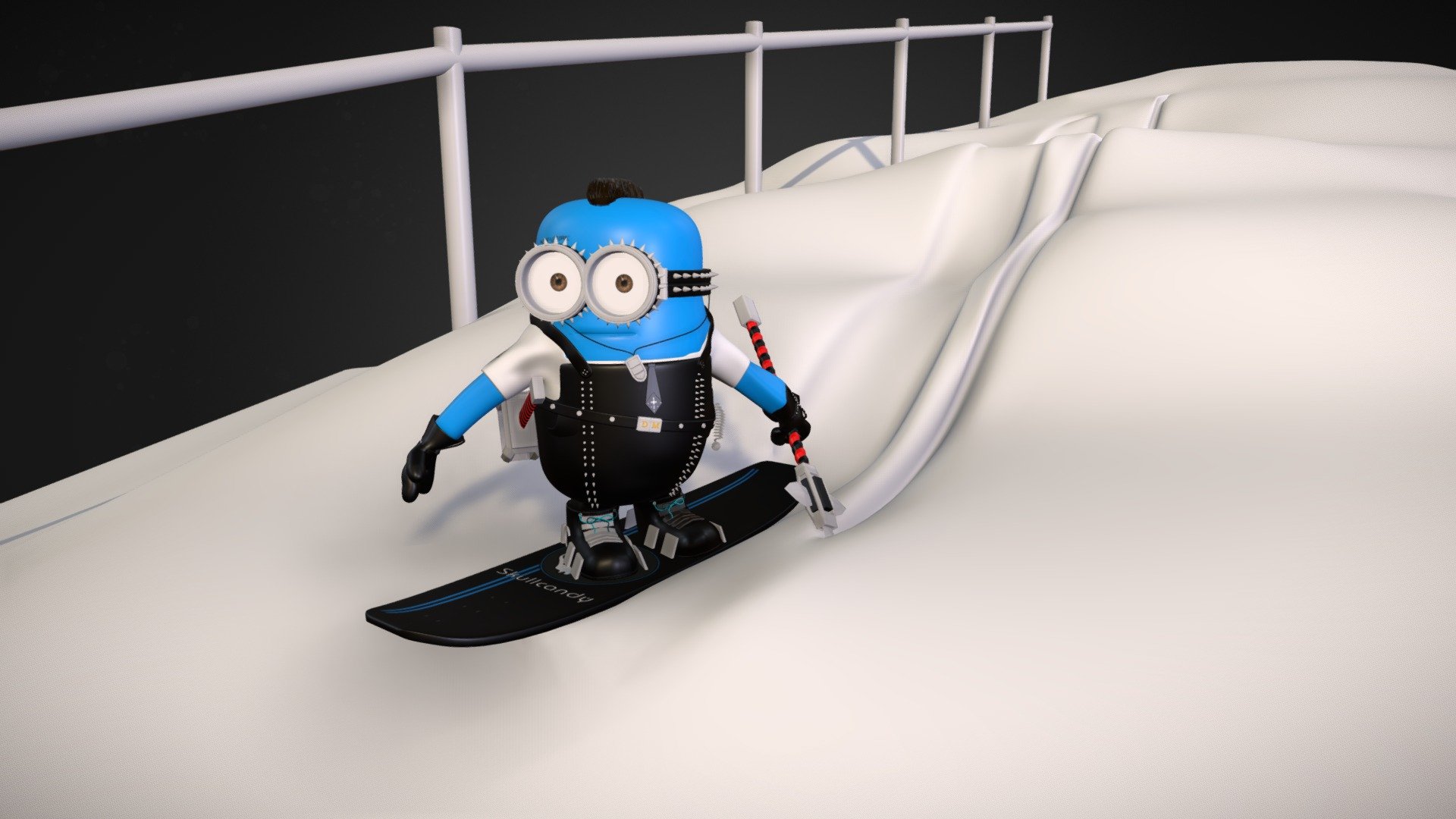Steve the blue Minion, on his snowboard trip 3d model