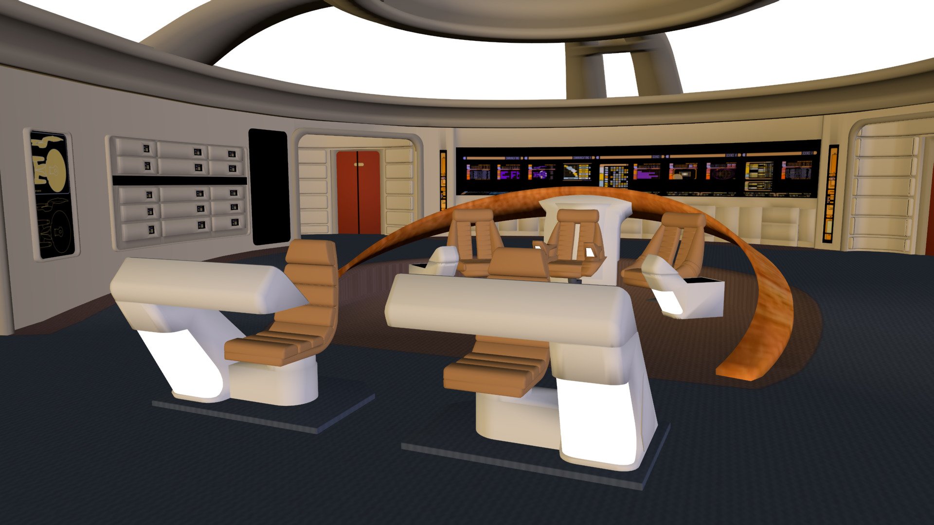A starship bridge set inspired by the Enterprise-D.

The model includes groups which your software should interpret as separate parts: chairs, helm and ops consoles.
The walls can be hidden or shown for easier camera placement.
Includes the texture maps shown on the image 3d model